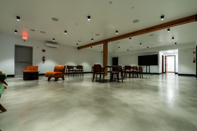 Indoor concrete surface finished with a decorative epoxy coating.